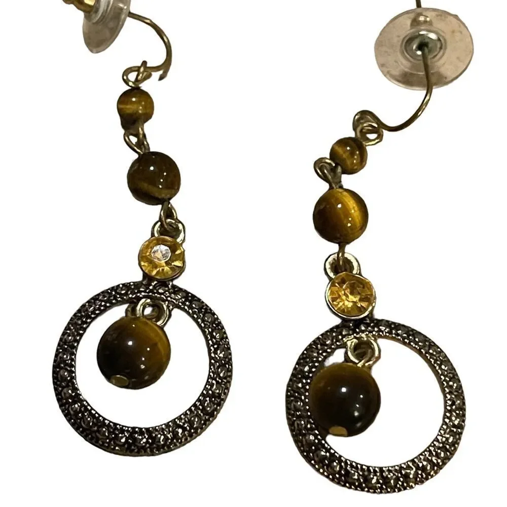 Pre loved tiger eye and marcassite like beads base metal 2” long earrings